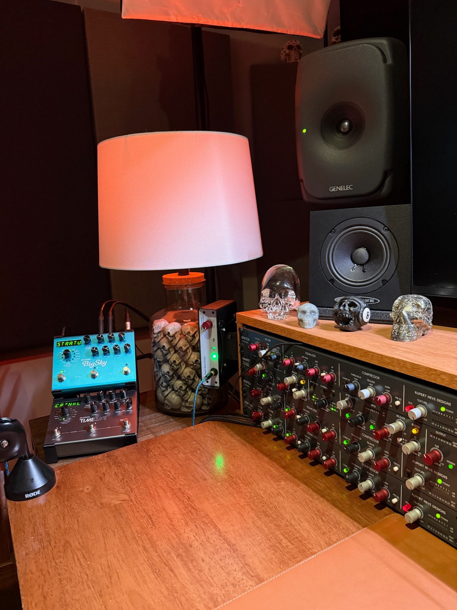 Current Sweetflow desk detail with outboard equipment, effects, and monitor speakers