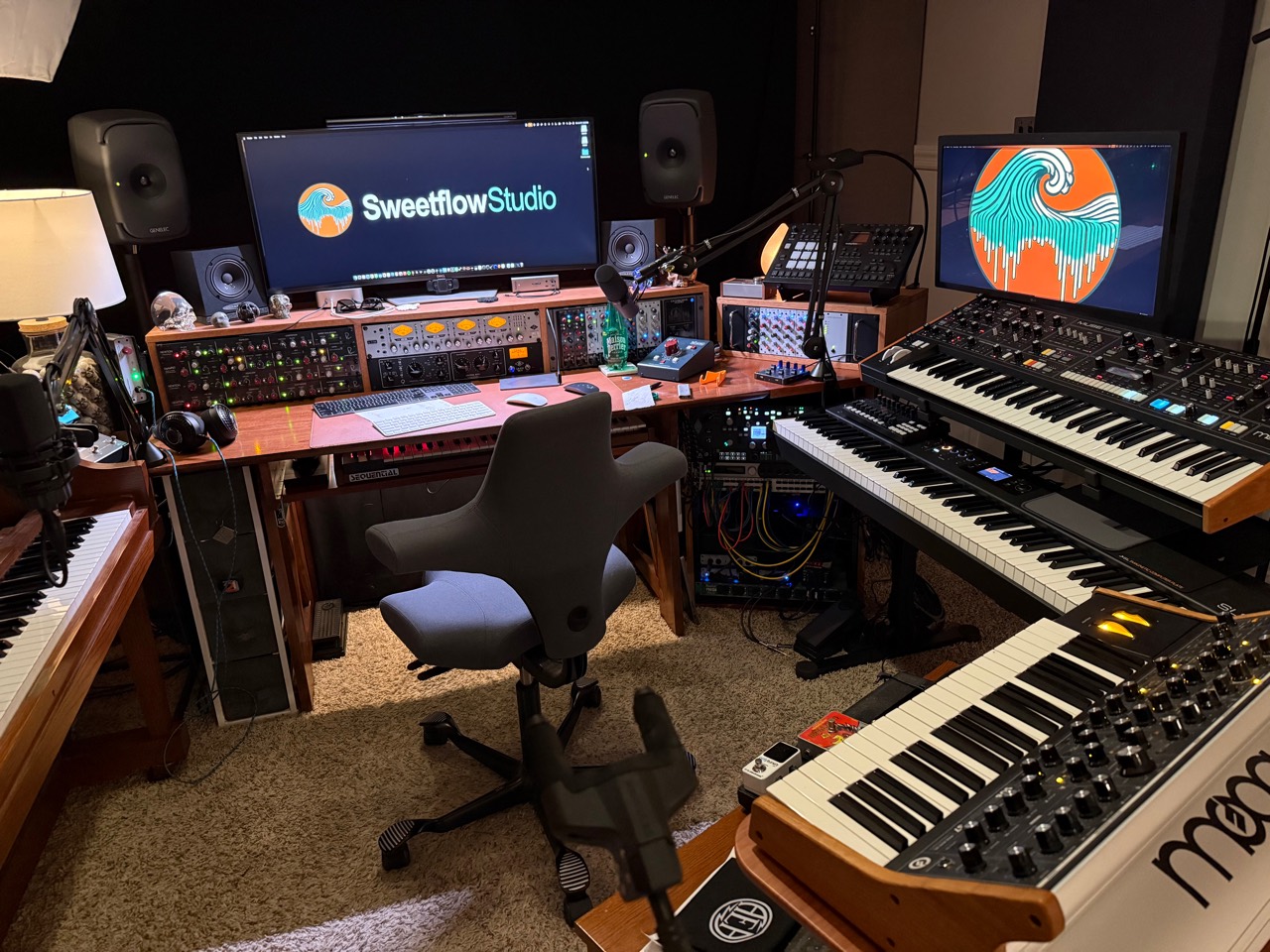 Current Sweetflow Studio configuration with the recording desk, outboard equipment, synthesizers, piano, and Sweetflow logo displays